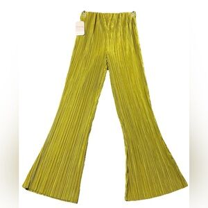 DressUp Women Pleat Silky Shiny Elastic Waist Pull-up Pants Lime Sz M NWT